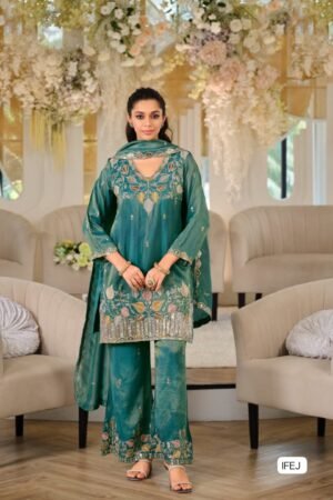 Pure Nc Moss Silk With Embroidery 5&3mm Siqwans Work With Full-Sleeves Work  Top Inner :Micro Cotton