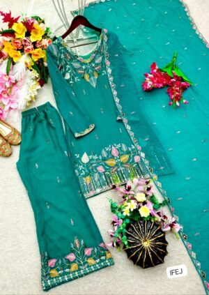 Alternative view of Pure Nc Moss Silk With Embroidery 5&3mm Siqwans Work With Full-Sleeves Work Top Inner :Micro Cotton