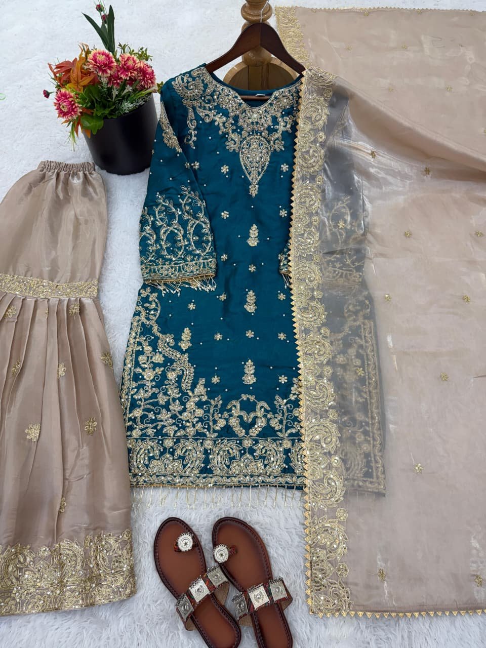 Presenting New Designer Party wear Eid Collection Pure Heavy GMY SILK With Heavy Embroidery Coding Dori-Sequence Work Top-Bottom And Dupatta Set Fully Stitched Ready To Wear - Image 6