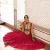 Celebrate Navratri in style with this vibrant Bandhani  gown, featuring a beautifully embroidered Gujarati-style yoke. The flared, flowy silhouette adds grace to every twirl. Accented with kutchi ganthi  mirror work. Perfect for festive dances and gatherings.