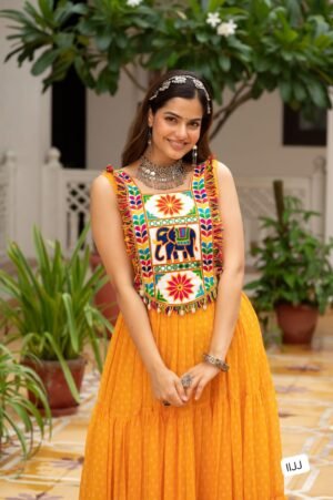Alternative view of Celebrate Navratri in style with this vibrant Bandhani  gown, featuring a beautifully embroidered Gujarati-style yoke