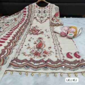 Alternative view of This outfit is a beautiful example of a-style suit in a soft cream or off-white base, featuring vibrant traditional motifs. Here is a detailed description you can use for a product listing or social media post: