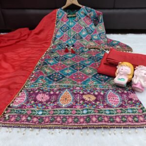 Alternative view of The outfit is completed with sharara and a matching heavy dupatta adorned with delicate pearl-bead trims.
