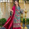 The outfit is completed with sharara and a matching heavy dupatta adorned with delicate pearl-bead trims.
