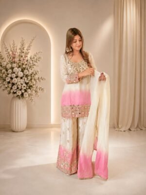 THIS SEASON, TRY OUR DESIGNER REAL MIRROR EMBROIDERED WORKED TOP, PLAZZO WITH DUPATTA