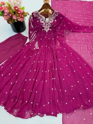 Alternative view of Presenting New Designer Collection In Faux Georgette With Embroidery Work Gown And Dupatta Set 
