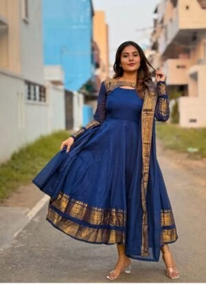 This Gown Duptta made from  Silk Cotton fabric with Jacquard Weaving Jari and silk Cotton Duptta with 3 mtr Flair