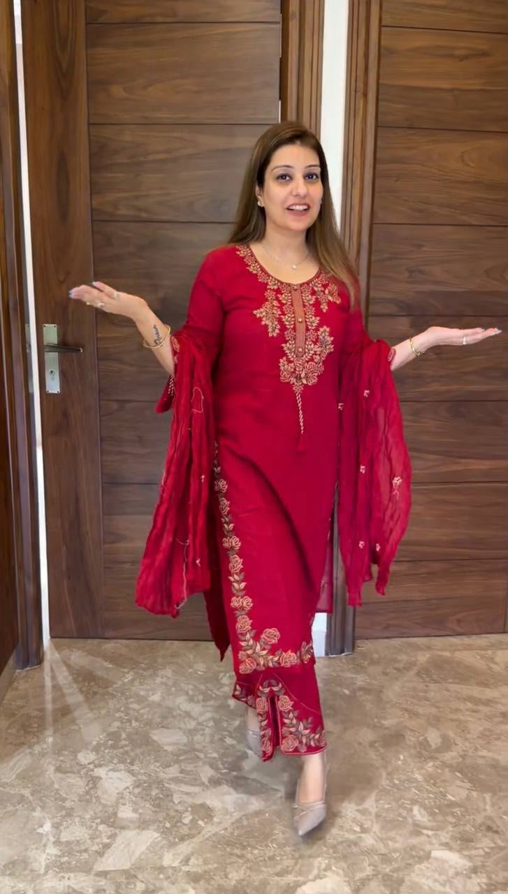 NEW DESIGNER WEAR VICHITRA SILK EMBROIDERED THREAD WORK SALWAR SUIT SET - Image 3