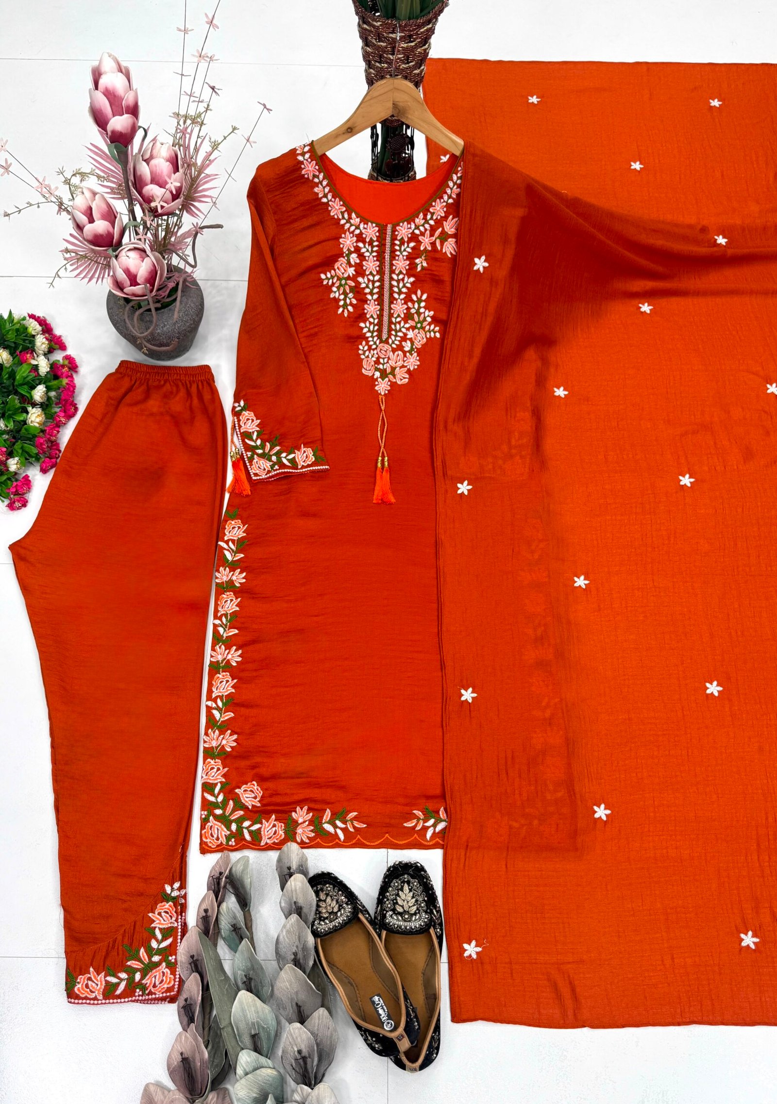 NEW DESIGNER WEAR VICHITRA SILK EMBROIDERED THREAD WORK SALWAR SUIT SET - Image 6
