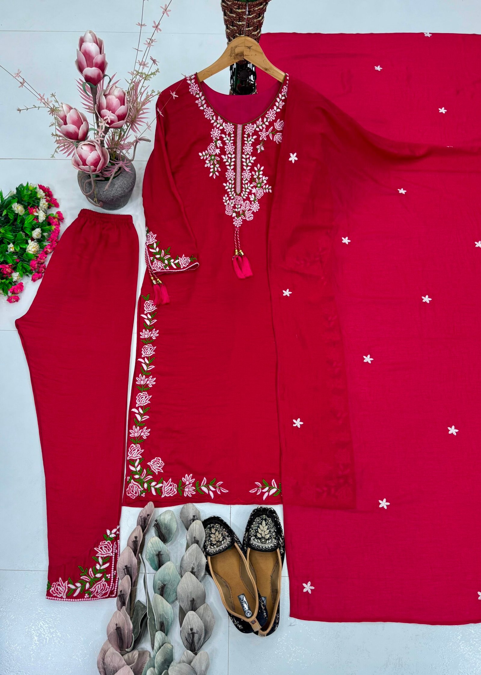 NEW DESIGNER WEAR VICHITRA SILK EMBROIDERED THREAD WORK SALWAR SUIT SET - Image 4