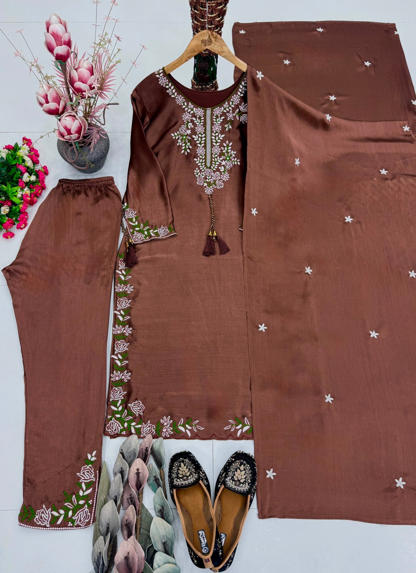 NEW DESIGNER WEAR VICHITRA SILK EMBROIDERED THREAD WORK SALWAR SUIT SET - Image 2