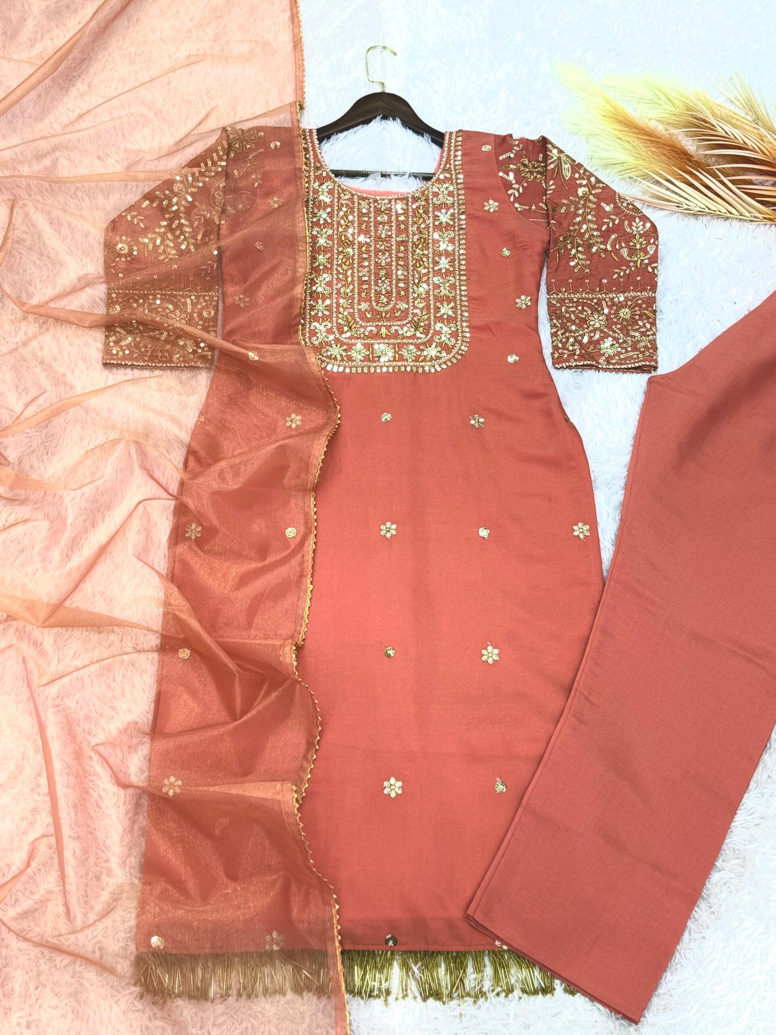 PRESERNTING NEW READY TO WEAR DESIGN HEAVY EMBROIDERY AND SEQUENCE WORK TOP - WITH PENT WITH DUPATTA - Image 3