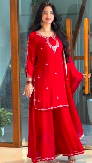 Đěsigner Party Wear Look Heavy Faux Georgette Top Plazzo & Dupatta Set