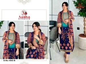 Top with Cotton Print with heavy  self embroidery (Chifon Dupatta)