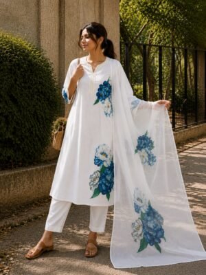 Elevate your casual and festive wardrobe with this elegant off-white printed Lilan suit set. Crafted for both comfort and style, this outfit offers a sophisticated yet effortless look.  