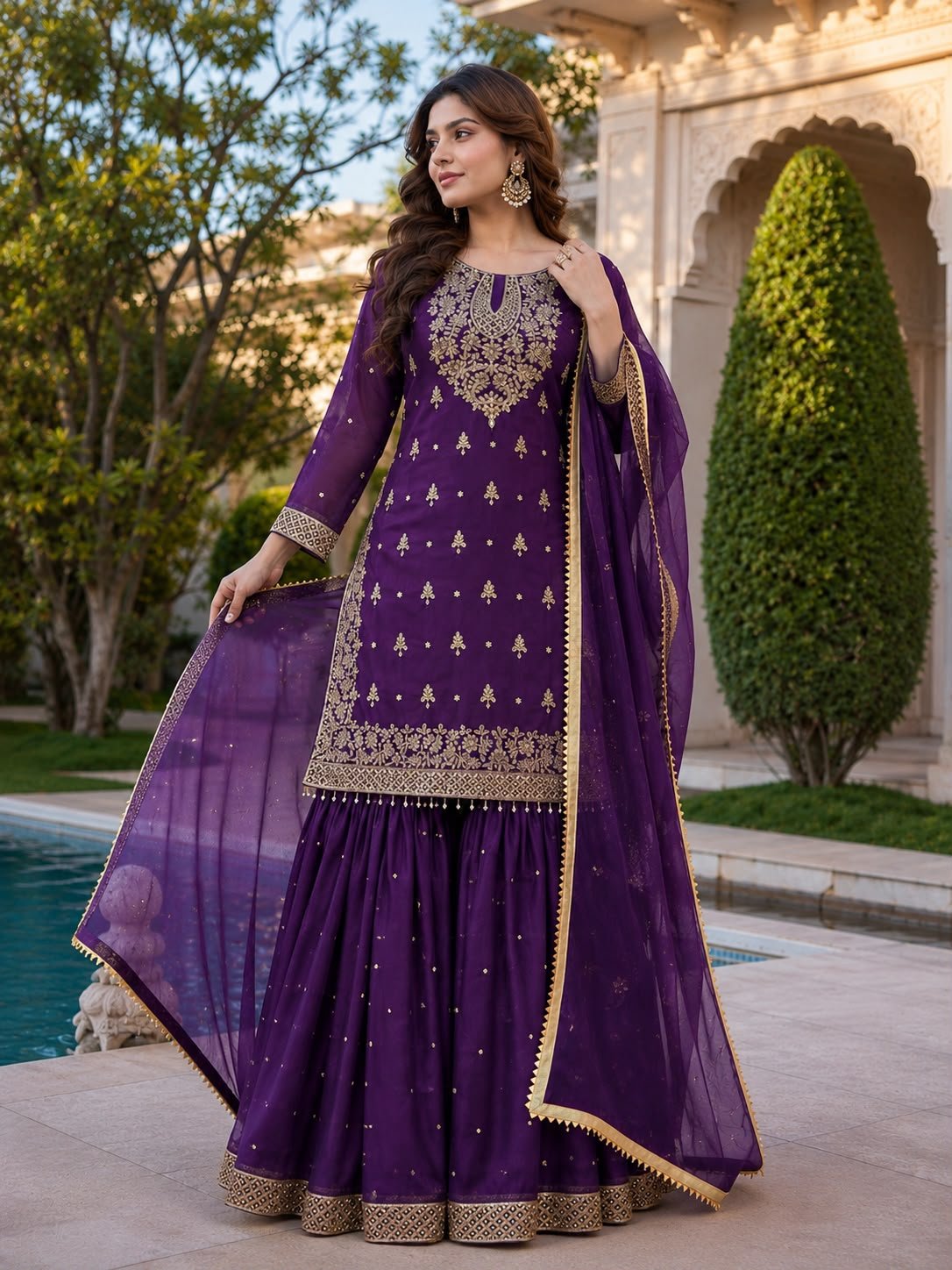 PRESENTING 3 PIECE STYLISH TOP, SHARARA AND DUPATTA WITH BEAUTIFUL EMBROIDERY SEQUENCE WORK - Image 5