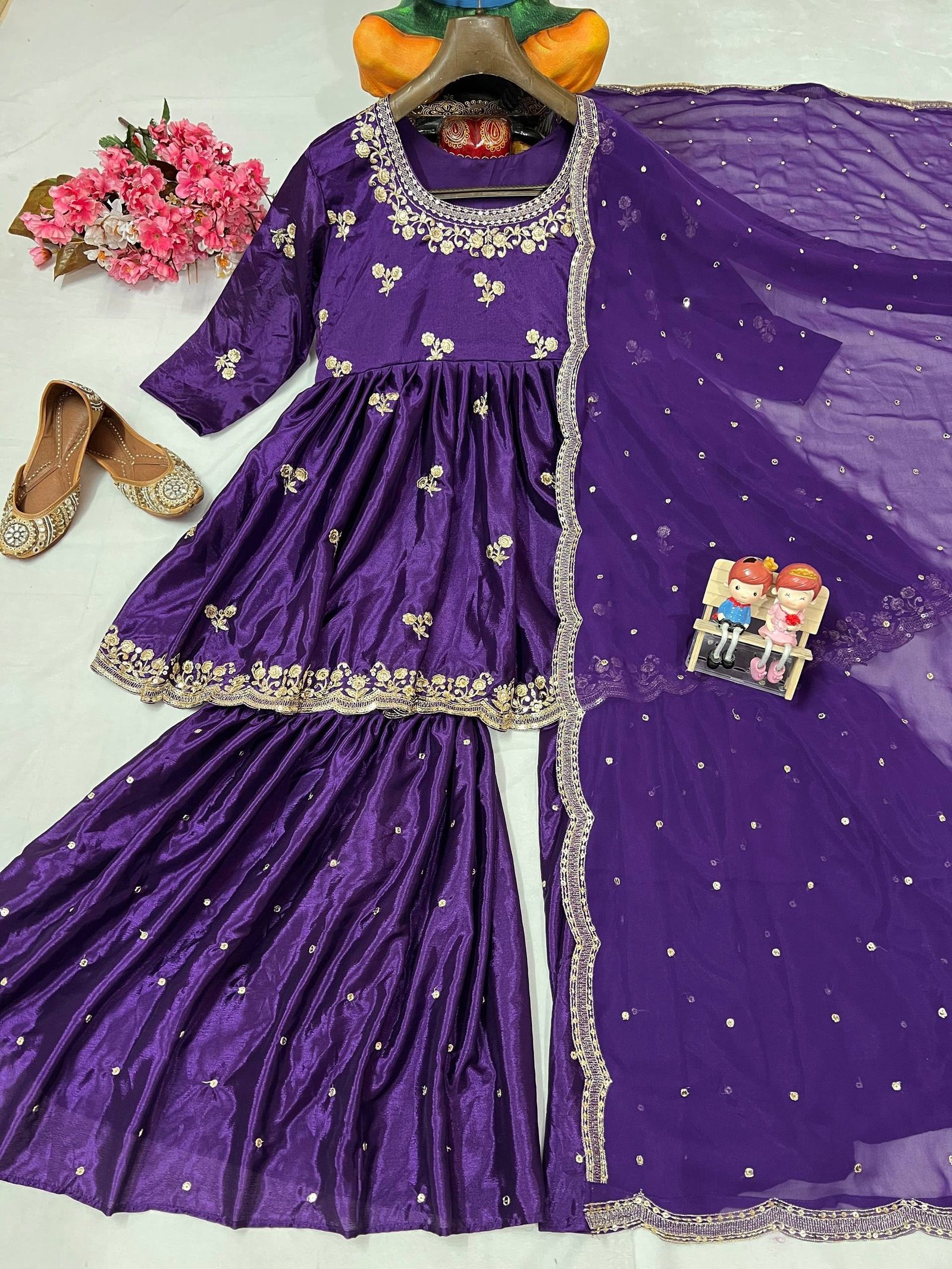 Drape yourself in elegance with this Kediya style Chinon Silk Sharara set paired with a dreamy Georgette dupatta. - Image 2
