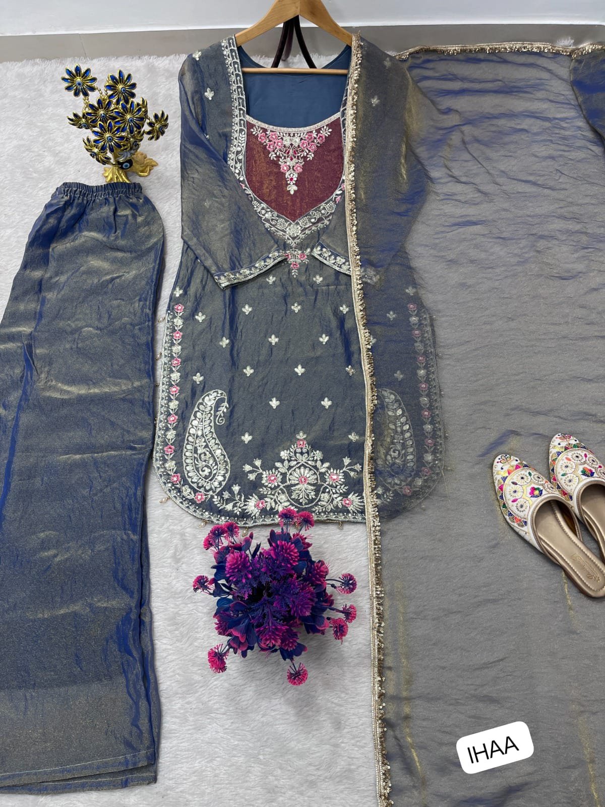 FESTIVAL SPECIAL SEQUENCE EMBROIDERY ON SILK FABRIC TOP AND PLAZZO WITH DUPATTA SET - Image 2