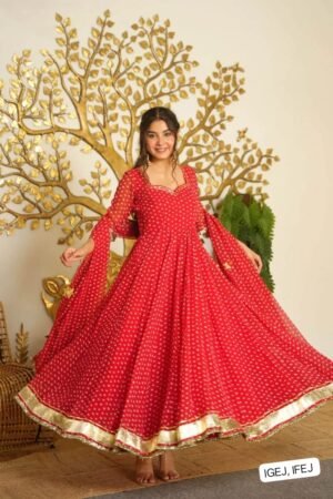 Elegant Georgette Bandhani Flared Gown with Dupatta