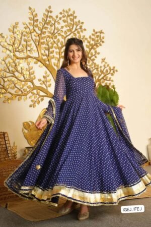 Elegant Georgette Bandhani Flared Gown with Dupatta