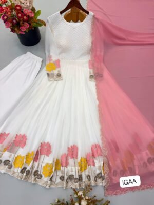 Alternative view of Presenting New Designer Collection In Faux Georgette With Embroidery Work Gown And Dupatta Set Fully Stitched Ready To Wear