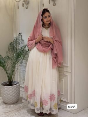 Presenting New Designer Collection In Faux Georgette With Embroidery Work Gown And Dupatta Set Fully Stitched Ready To Wear