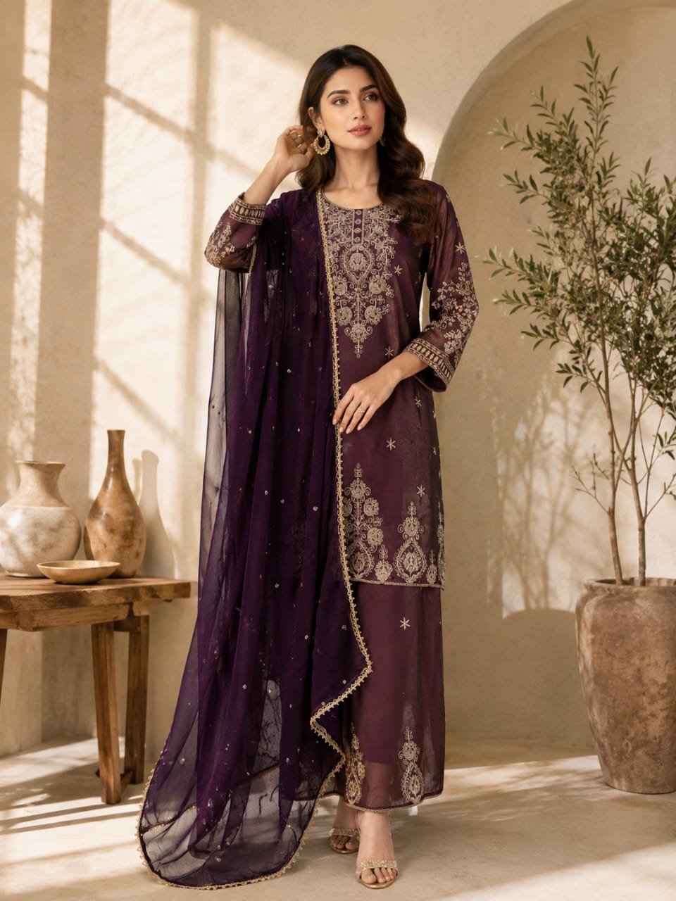 DESIGNER WEAR FESTIVAL SPECIAL COLLECTION R-014 TOP WITH embroidered with SEQUENC Palazzo Dupatta