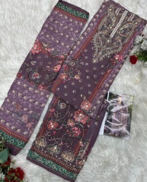 Alternative view of Pure viscous Maslin digital print with aari and hand work