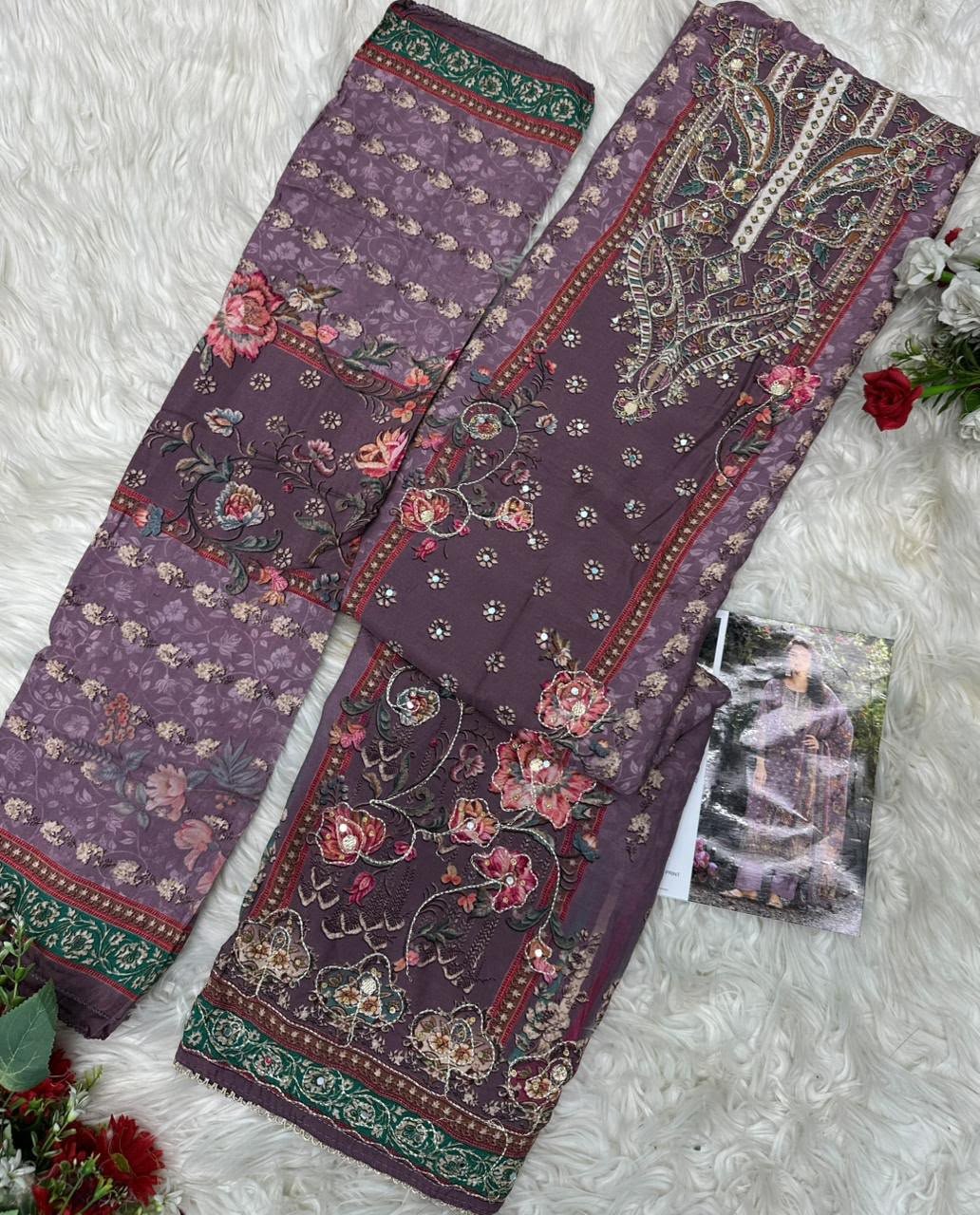 Pure viscous Maslin digital print with aari and hand work - Image 2