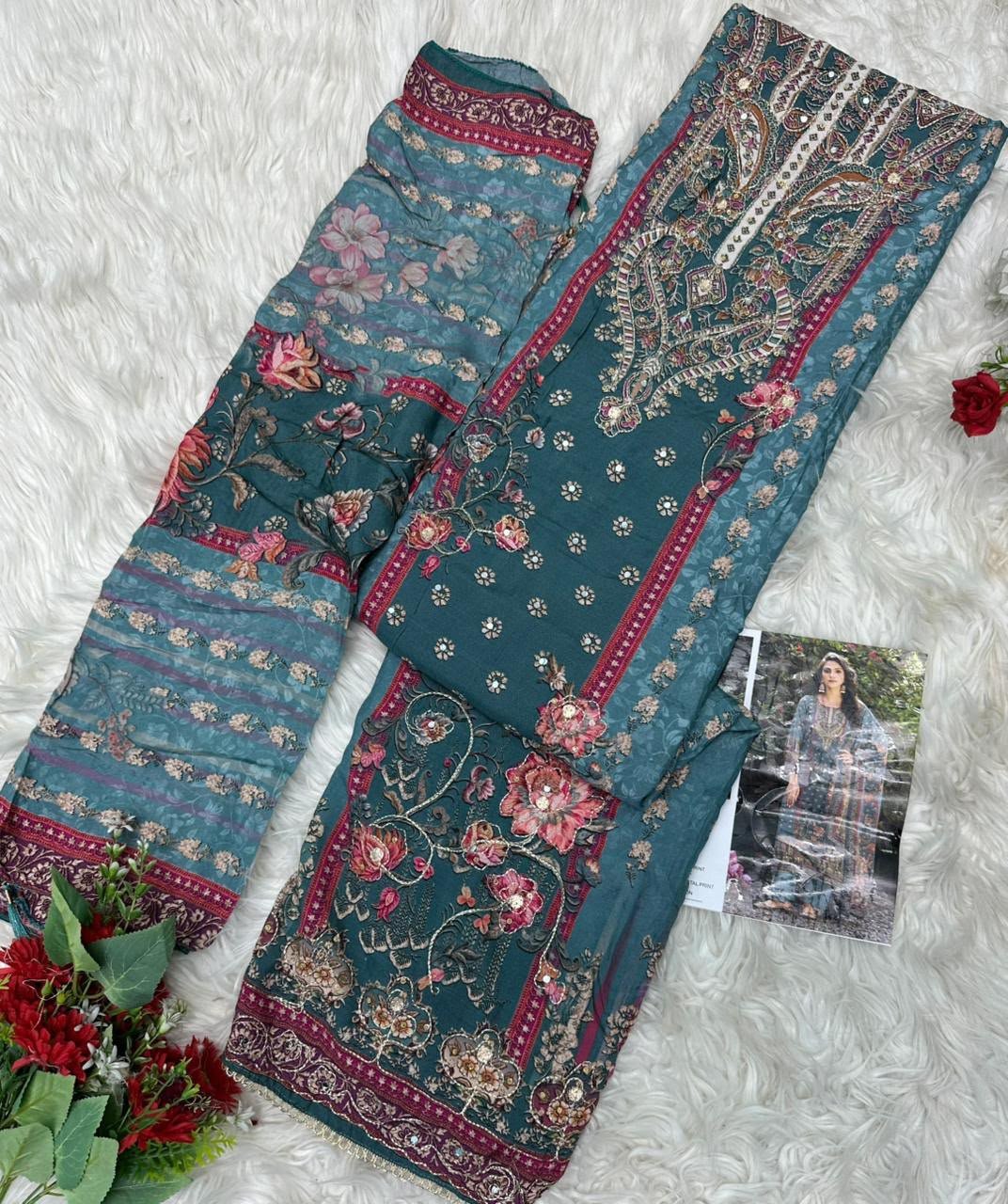 Pure viscous Maslin digital print with aari and hand work - Image 4
