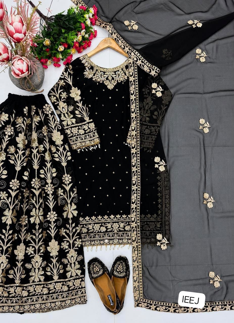 NEW DESIGNER HEAVY EMBROIDERY CHINE SEQUENCE WORK 3 PIS SUIT SET - Image 2