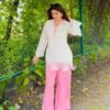 Top & Plazzo  set WITH Roman With Embroidery Work With Sleeves Đěsigner Party Wear Look Pur Roman Silk Top & Plazzo  set