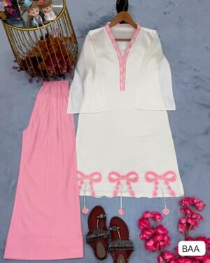 Alternative view of Top & Plazzo  set WITH Roman With Embroidery Work With Sleeves Đěsigner Party Wear Look Pur Roman Silk Top & Plazzo  set