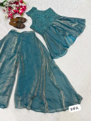 Alternative view of Top Sarara Plazzo WITH Heavy Fandy Silk.  Heavy Bids Hand Work And Moti Work. 
