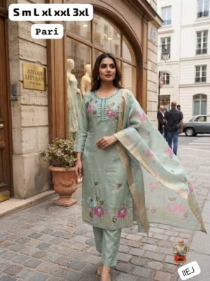 Alternative view of Elevate your ethnic wardrobe with our stunning new pari design. This premium 3-piece suit set combines sophisticated handwork with a modern silhouette, making it perfect for festive celebrations or formal gatherings.