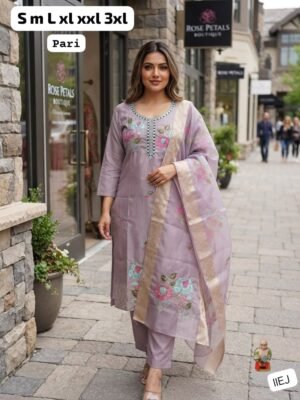 Elevate your ethnic wardrobe with our stunning new pari design. This premium 3-piece suit set combines sophisticated handwork with a modern silhouette, making it perfect for festive celebrations or formal gatherings.