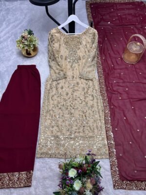 Alternative view of KURTI WITH BEAUTIFUL CONTRAST PLAZZO AND DUPATTA WITH HEAVY TWO TONE FRENDY SILK. READY TO WEAR COLLECTION 3 PIECE FANCY KURTI WITH BEAUTIFUL CONTRAST PLAZZO AND DUPATTA
