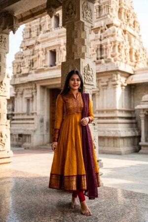 This top made from  vichitra silk fabric with Jacquard weaving zari border And Georgette Duppatta with lace border