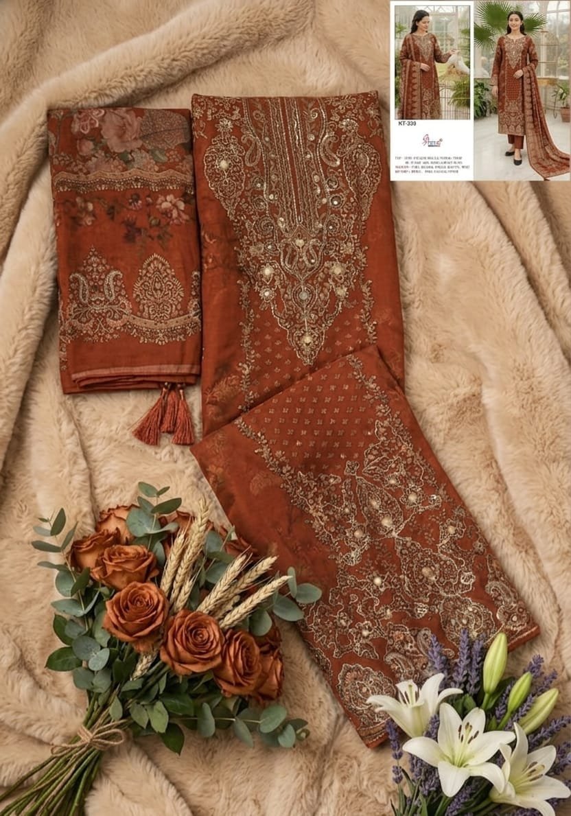 DESIGN NO.- KT - 339-C Top Bottom Dupatta Pure Viscous Maslin FABRIC Aari Work with dimond - Image 2