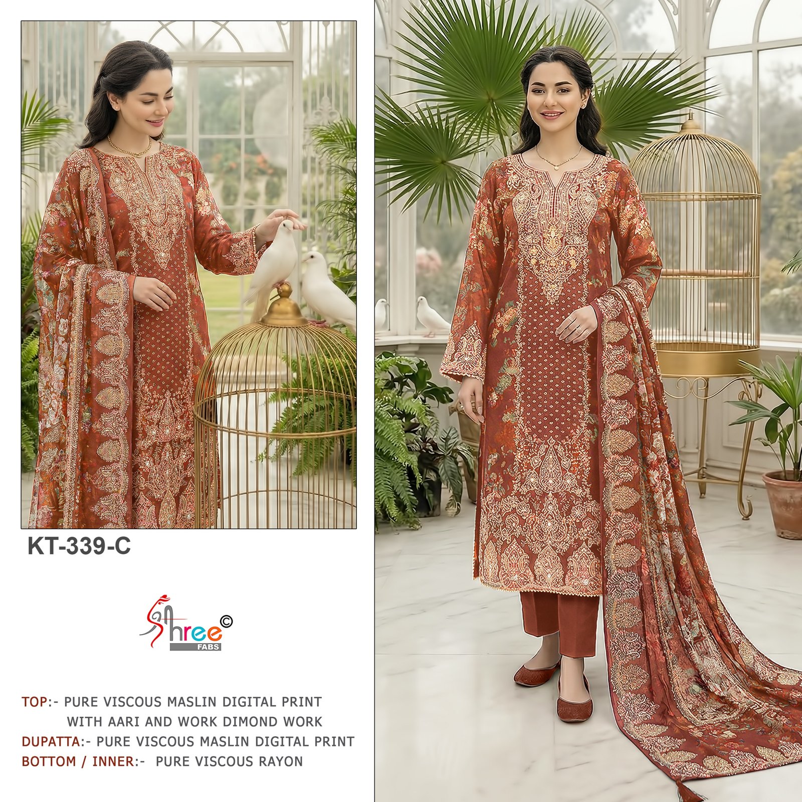 DESIGN NO.- KT - 339-C Top Bottom Dupatta Pure Viscous Maslin FABRIC Aari Work with dimond