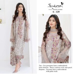 SERINE D NO:-_ S-129 Top Dupatta Bottom with FOX GEORGETTE EMBROIDERED NAZNEEN HEAVY EMBROIDERED WITH PALLU WORK  