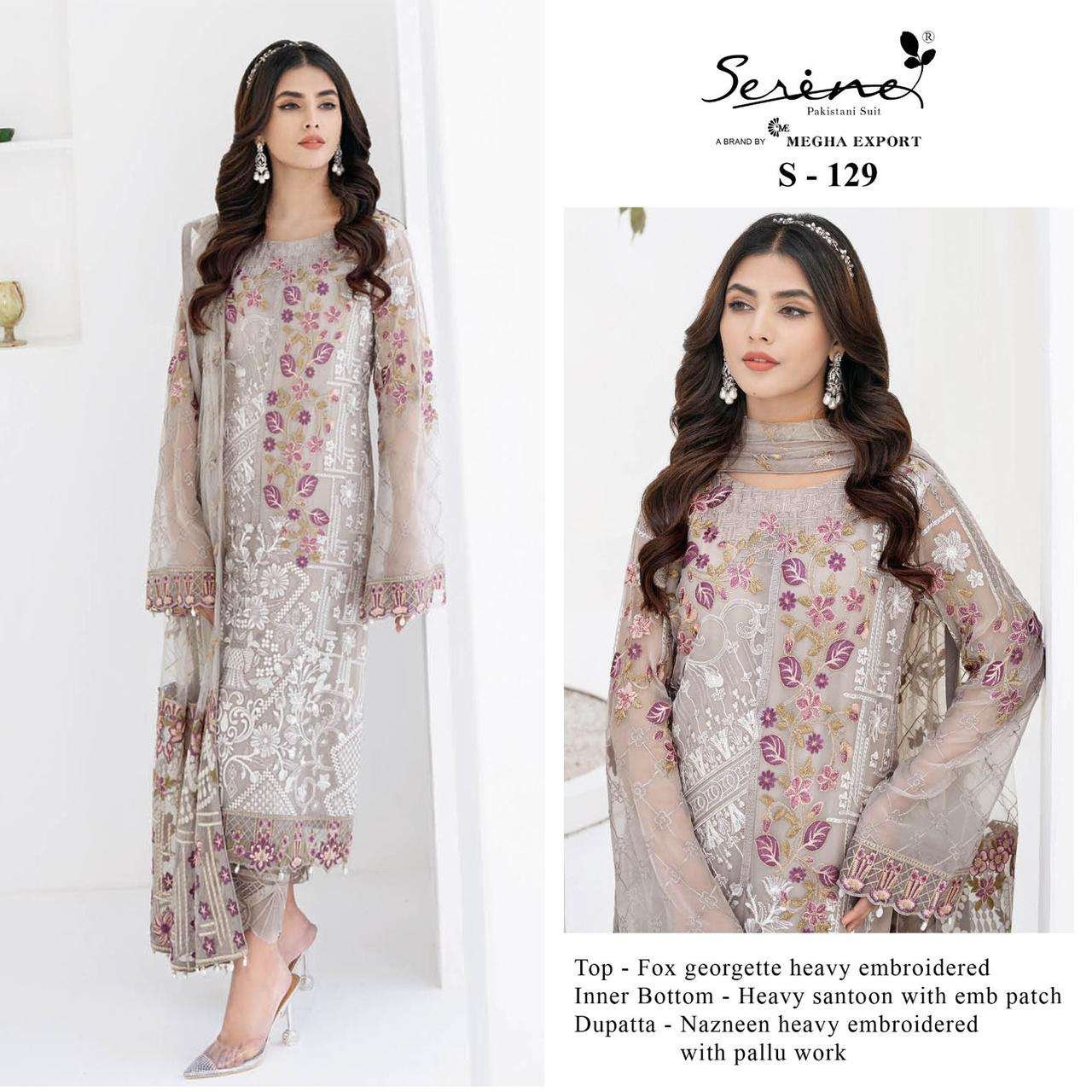 SERINE D NO:-_ S-129 Top Dupatta Bottom with FOX GEORGETTE EMBROIDERED NAZNEEN HEAVY EMBROIDERED WITH PALLU WORK