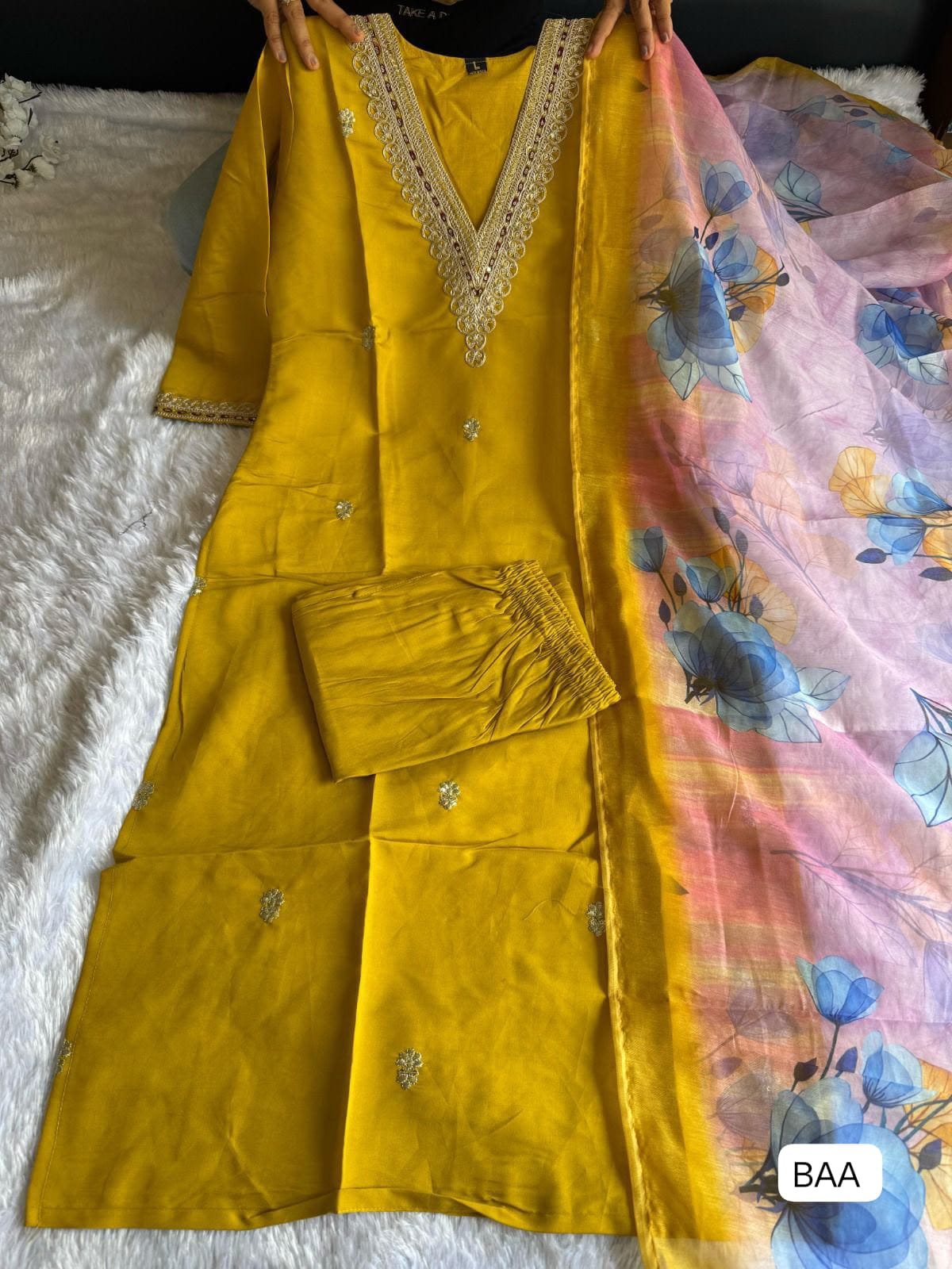Kurti Pent Dupatta Set WITH Roman Silk with Beautiful Embroidery With Sequence Work New Designers Kurti Pent Dupatta Set - Image 2
