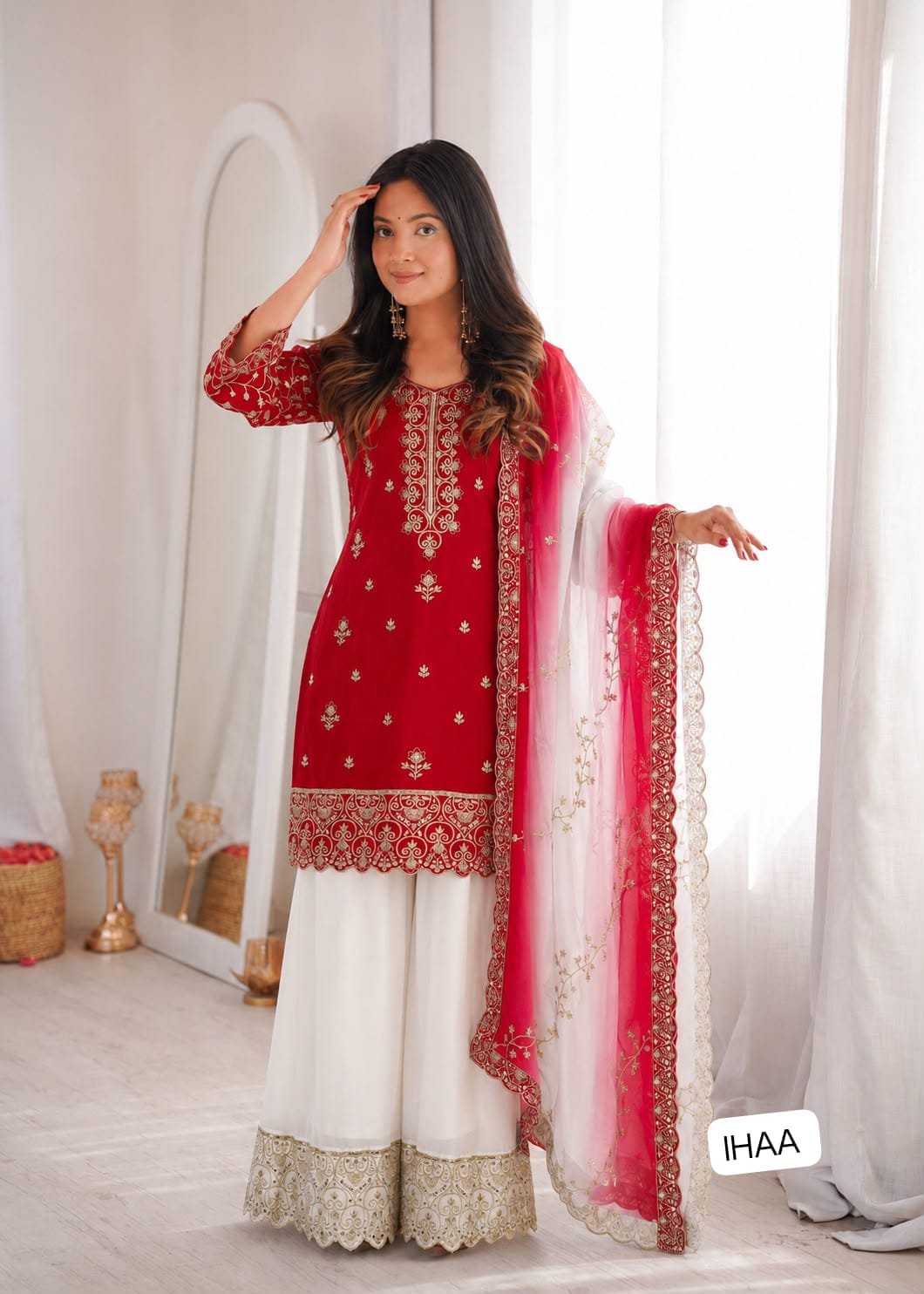 TOP PLAZZO WITH DUPATTA WITH PURE NATURAL SILK PRESERNTING NEW READY TO WEAR DESIGN HEAVY EMBROIDERY AND SEQUENCE WORK TOP - PLAZZO WITH DUPATTA