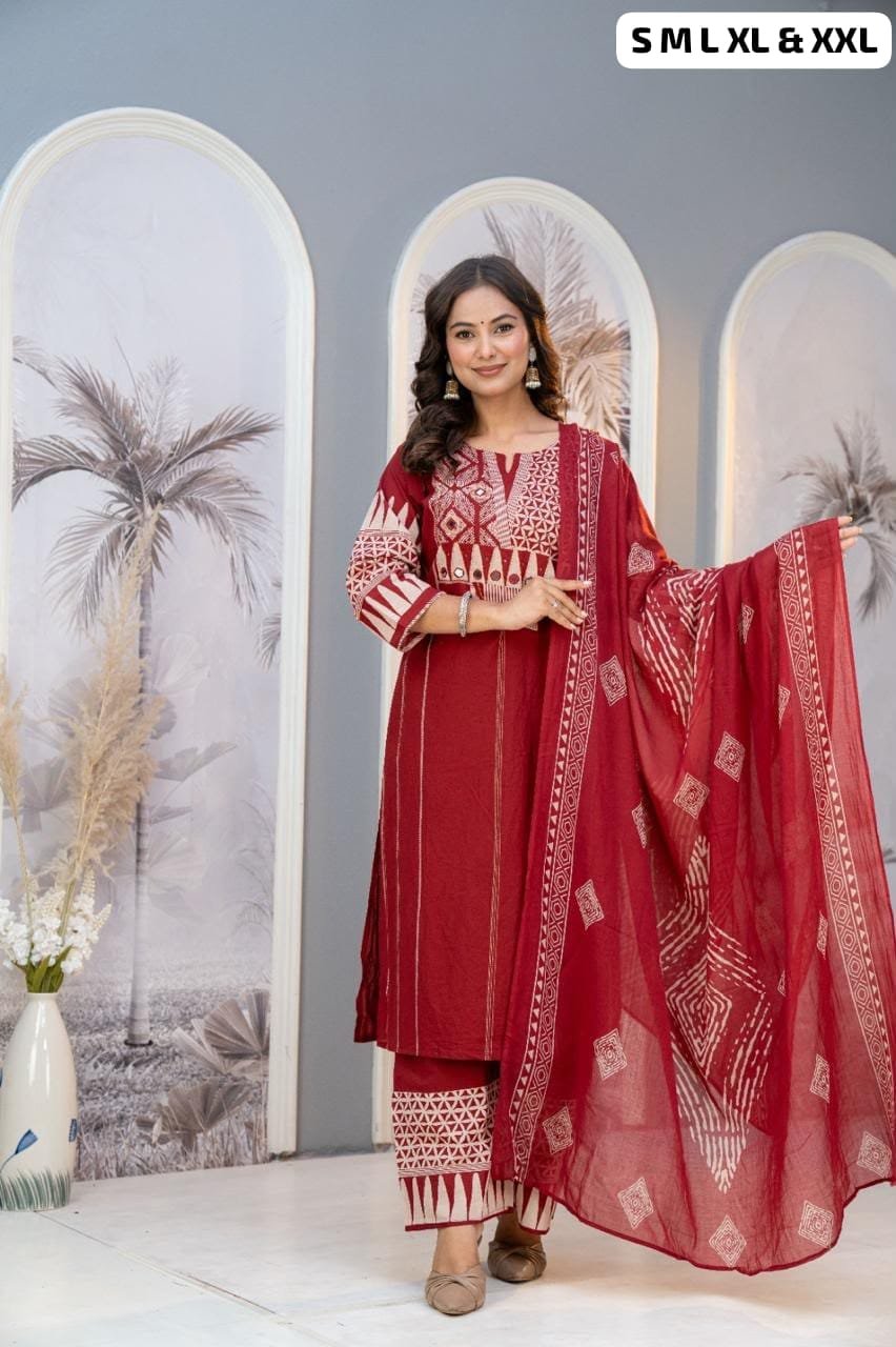 KURTI WITH PLAZZO WITH PREMIUM DUPPATA WITH PURE 100% COTTON WITH Kurti With Embroidery Work - Image 3