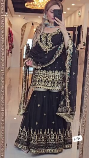 Top , Sharara Plazzo  and Dupatta WITH Heavy faux Georgette Material With 5mm Sequence Embroidery Work and moti work. 
