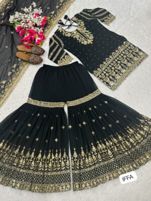 Alternative view of Top , Sharara Plazzo  and Dupatta WITH Heavy faux Georgette Material With 5mm Sequence Embroidery Work and moti work. 