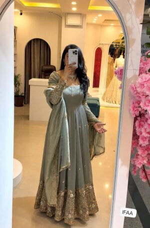 GOWN BOTTOM DUPATTA WITH Crunchy Silk With Heavy Embroidered Sequence work With Fully Flair  