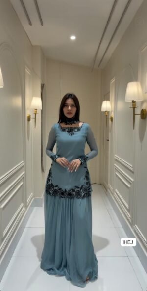 Top-Sharara and Dupatta Set WITH Pure Faux Georgette  With Full Sleeve.Presenting New Premium Quality With Embroidery Sequence Worked Top-Sharara and Dupatta Set Fully Stitched Ready To Wear