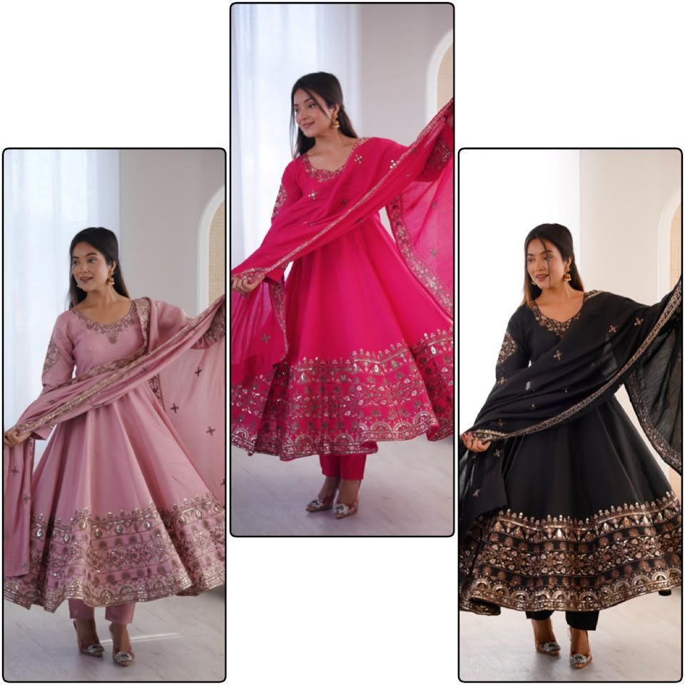 Elegant Embroidered Sequence Designer Anarkali Three Piece Set